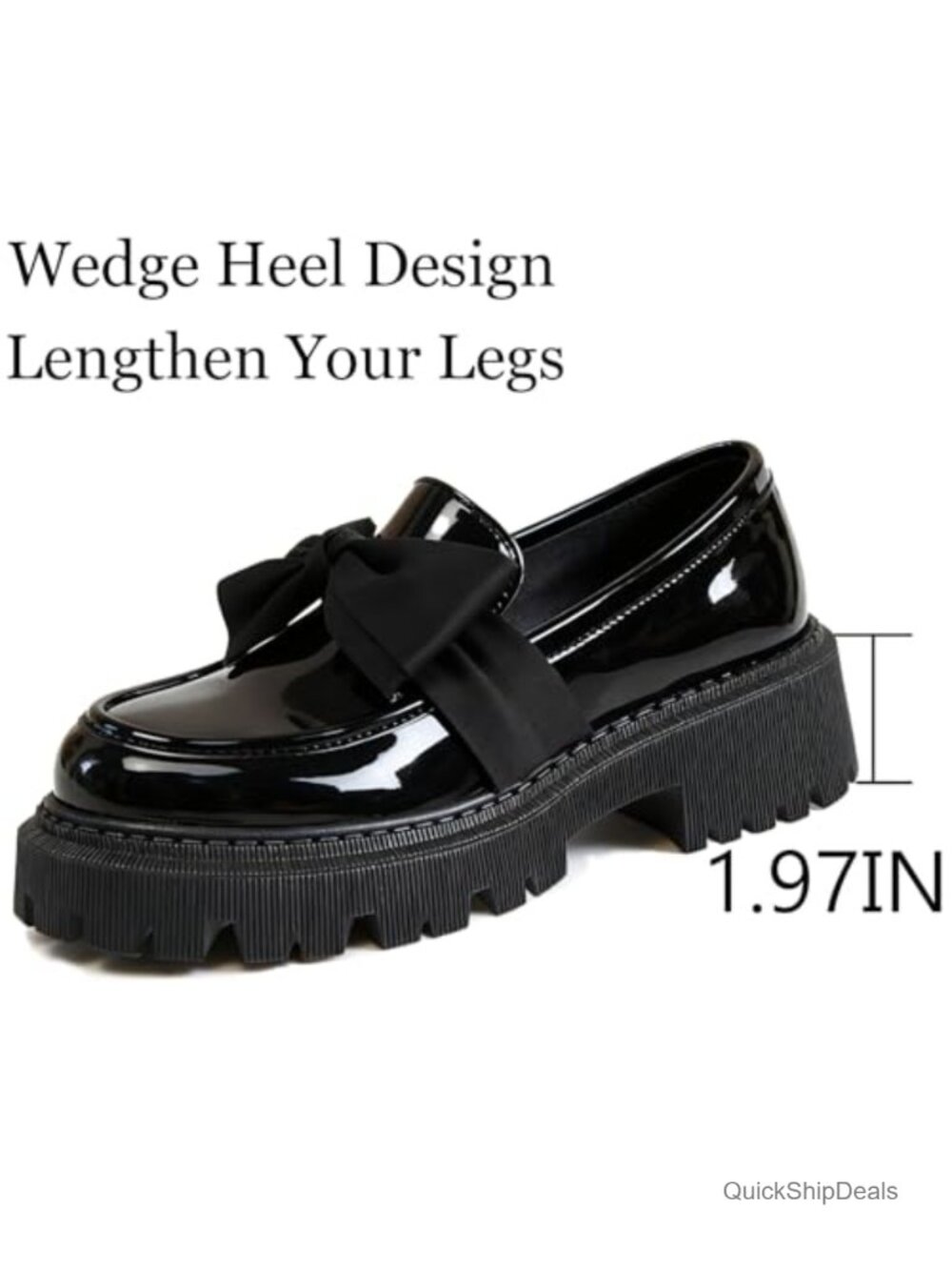 Patent Leather Bow Loafers for Women Chunky Heel Lug Sole Slip-On Dress Shoes - Picture 3 of 6